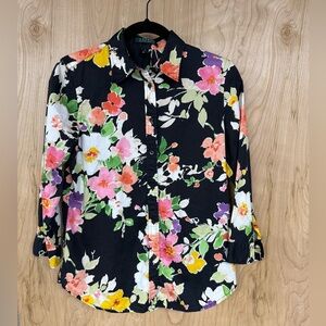 Lauren Ralph Lauren Shirt Blouse Womens Extra Medium Black Flowers Casual